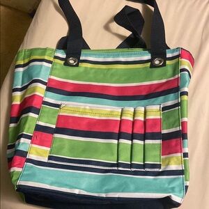 Thirty-One Red and Green Tote Bag with Bold Stripes
